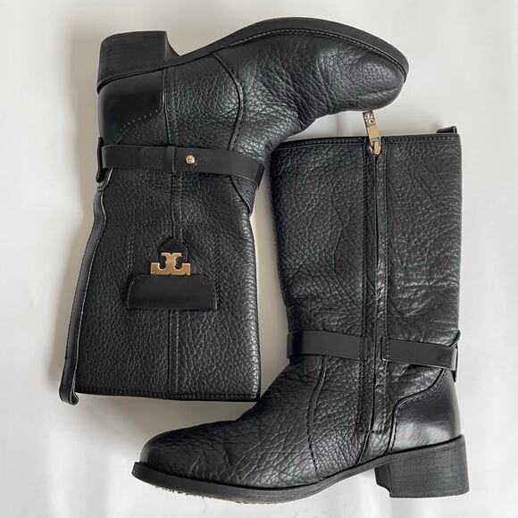 Tory Burch Leona Black Pebbled Leather Mid Calf Moto Boots Size 8 M - Picture 11 of 15